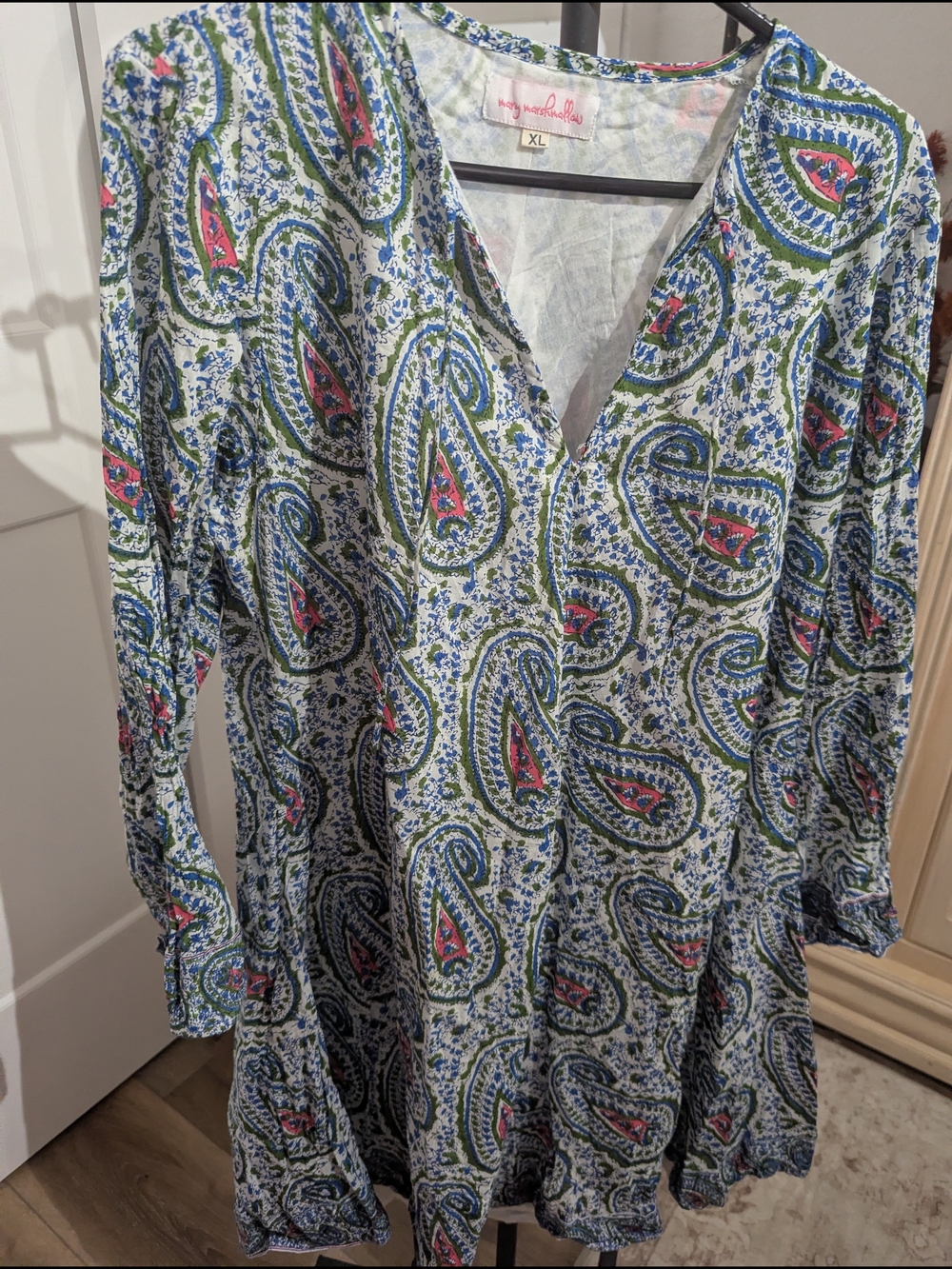 Paisley V-Neck Long Sleeve Dress in Blue, Green & Pink